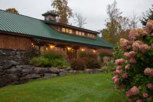 Barn exterior and flowers.